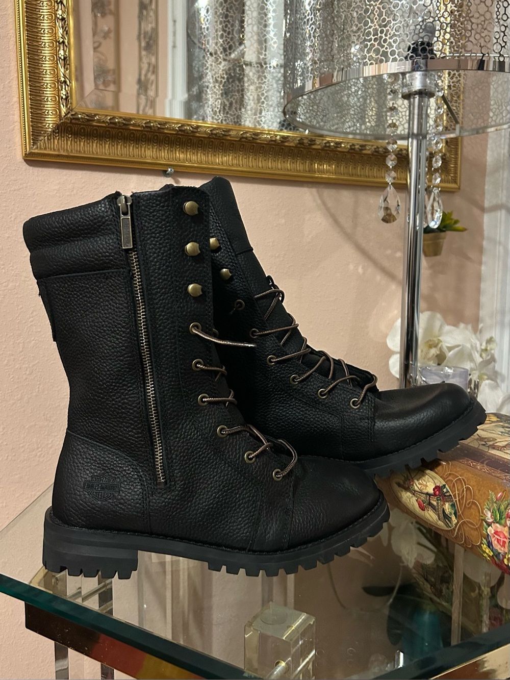 Harley-Davidson Tall Nolana Black Lace-Up Combat Moto Boots with Side Zipper 10